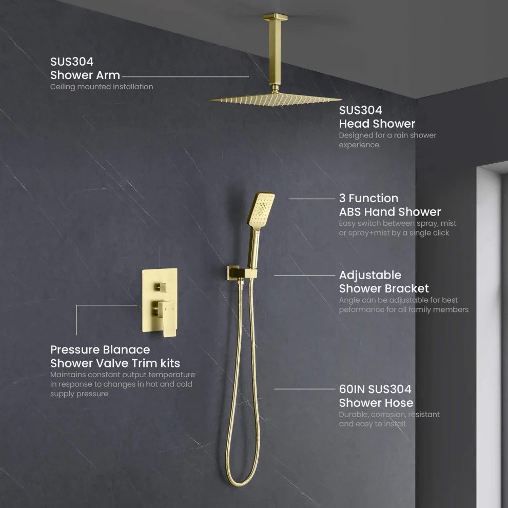 Ceiling Mounted 2-Function Shower System, Brushed Gold