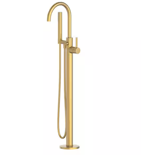 Single-Handle Freestanding Tub Faucet Floor Mounted with Handheld Hand Shower - Brushed Gold
