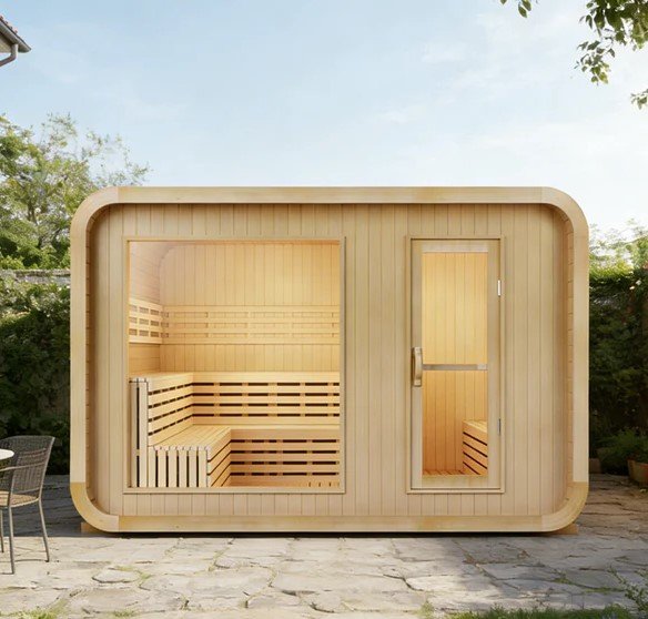 6 Person Outdoor Traditional Sauna with Panoramic Glass and Integrated Lounge