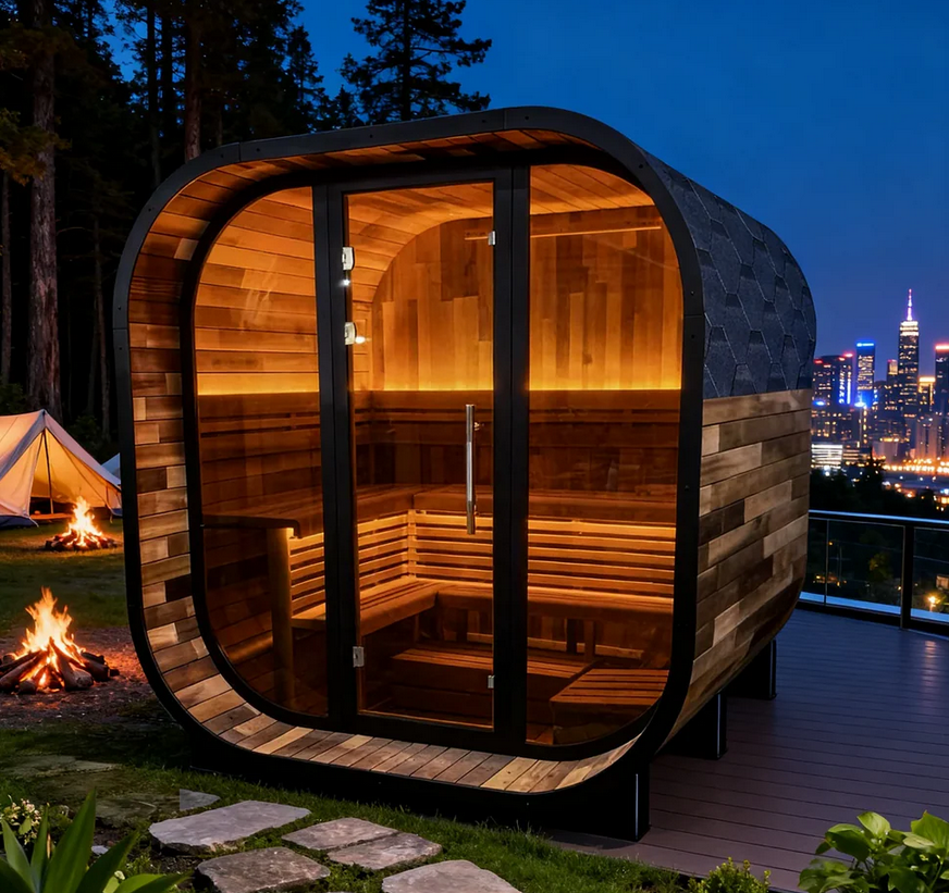 6-Person Patchwork Red Cedar Sauna with Porches And Half-Viewing Window